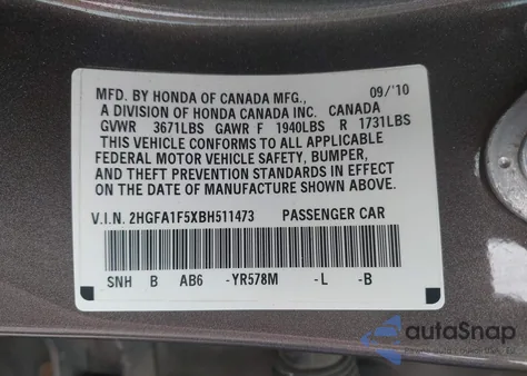 2011 Honda Civic Lx из США, поврежденный, VIN 2HGFA1F5XBH511473